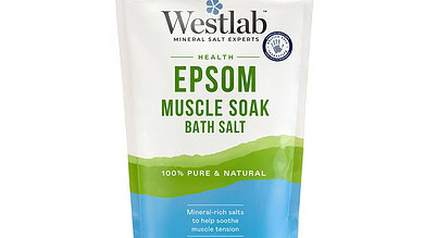 Westlab Epsom Muscle Soak Bath Salt pouch with blue bottom, white top, and green label indicating 100% pure and natural mineral-rich salts.